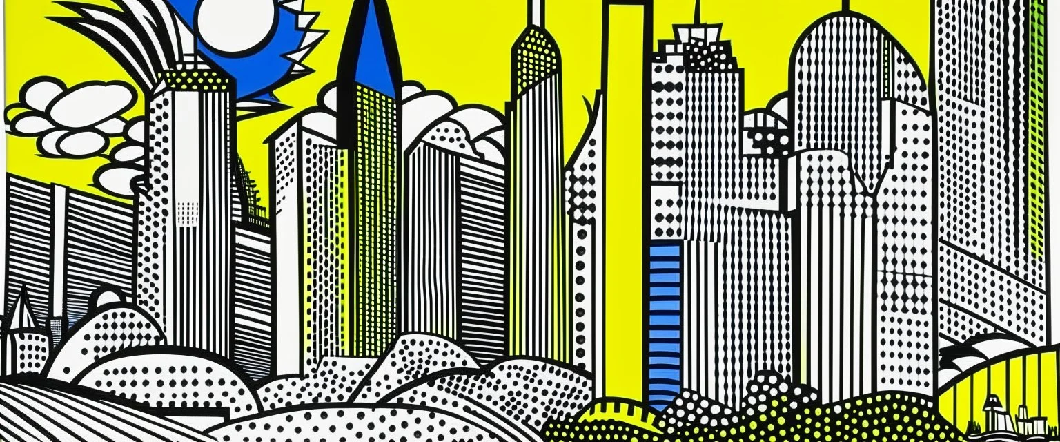 A yellow electric city painted by Roy Lichtenstein