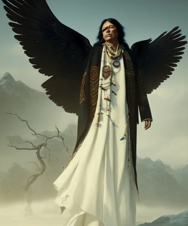 native american shaman, wise man, long black hair, black hooded coat like wings, 8k resolution concept art portrait by Greg Rutkowski