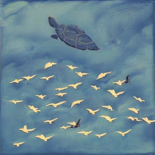 turtle and sky with a flock of birds