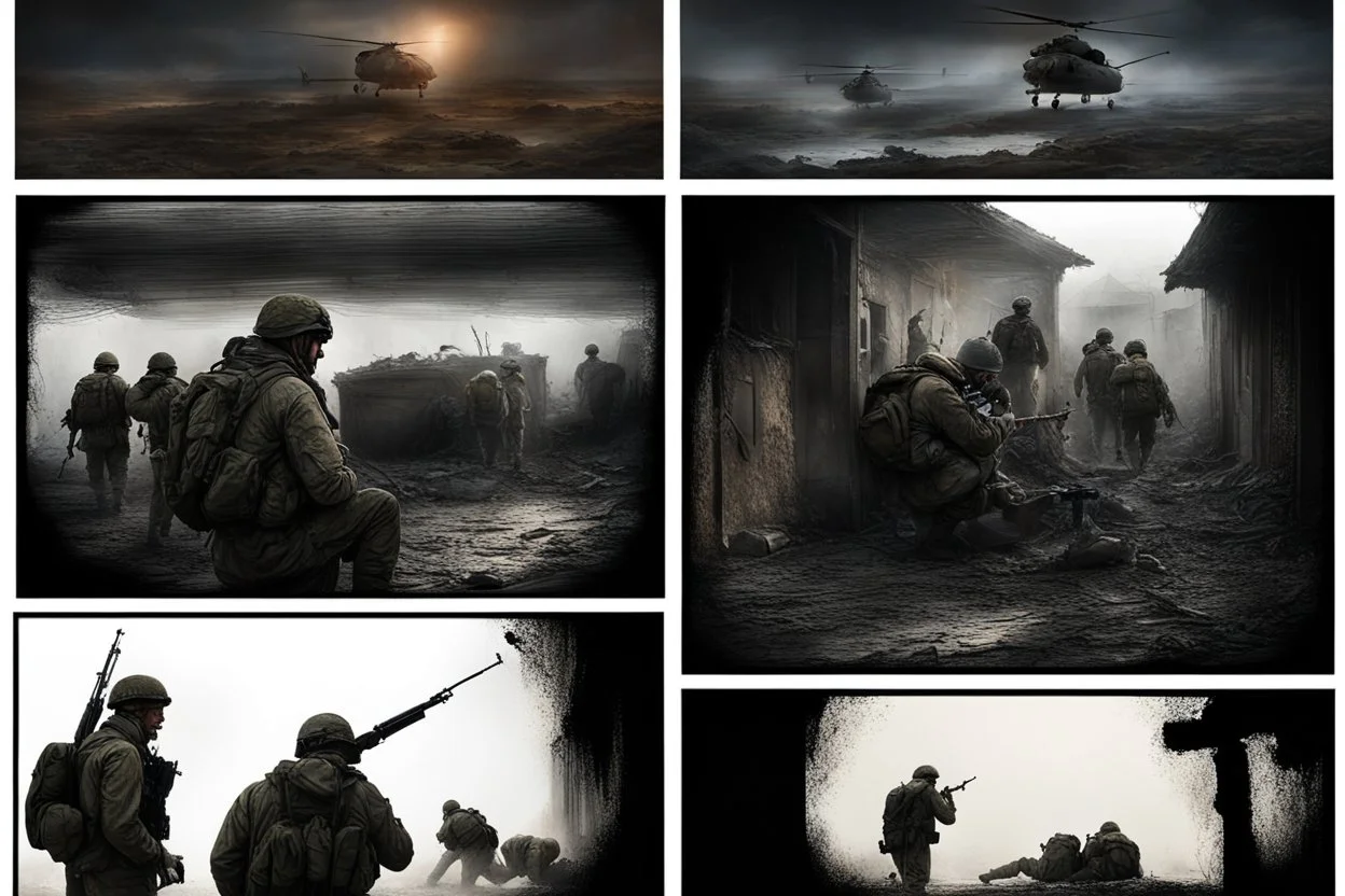 Masterpiece1:5)(Fineart), (award-winning:1.5), highest quality, (ultra realism:1.5) war journalism(,(by Tim Page and Hoorst Faas:1.5))(photorealistic:1.8),RAW pictures (Eastern Ukraine:(panel one:the moment after a battle ends, horrors of war, wounded men),(2nd panel, cinematic shot of men sitting in trench with 1000 yard stare (focus on their eyes:1.5)),(the third panel shows troops tired but hyper alert), (the fourth panel shows the sky is filled with incessant, fire and smoke,)