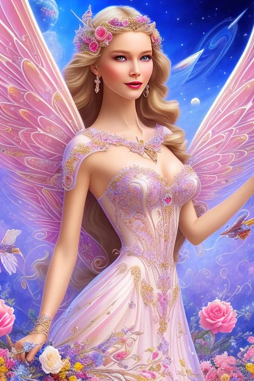 Magnifique woman, lady fairy, facing happy, voluptuous white, pink enchanted flowers, wings magic, long big dress, pink outerspace stars planets, Beautyful smiling, young woman, long hair amazing blue eyes, flowers, happy cosmic, bright colors, blue, pink, gold, jewels, realistic, photo real, clear sunny background, highly detailed, high contrast, 8k high definition, unreal engine 5, extremely sharp detail, light effect, sunny light background