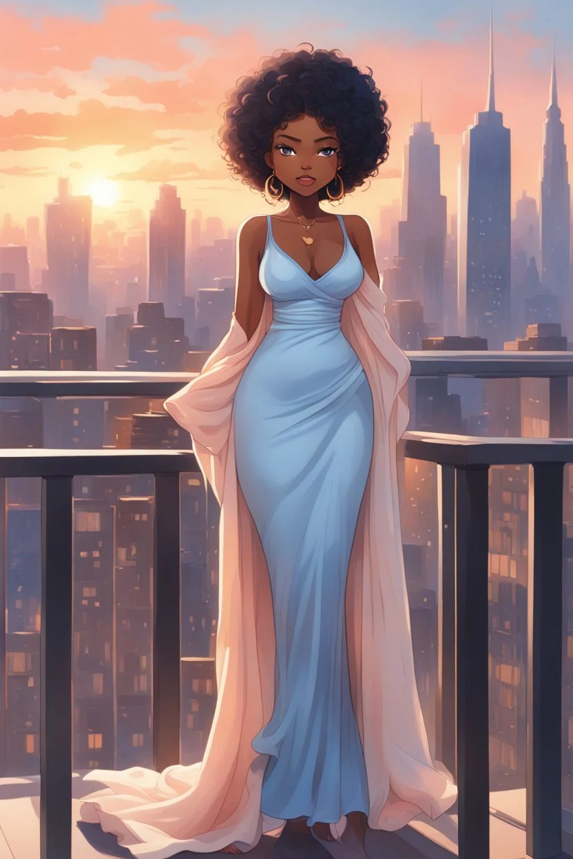 The scene opens onto a serene balcony overlooking a bustling city skyline. The sky above is painted in soft hues of blue and peach as the sun begins its descent, casting a warm glow over everything it touches. In the foreground stands a captivating figure, airbrush chibi cartoon curvy black woman exuding confidence and elegance. She is adorned in a flowing white knit maxi dress that hugs her curves in all the right places, accentuating her silhouette. Her choice of footwear is equally stunning