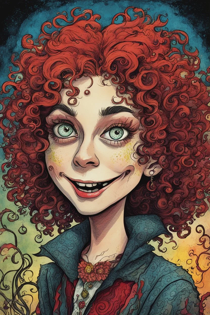 a cartoon illustration of a schizophrenic curly haired vampire girl , in the cartoon style of Lynda Barry , Ernie Pook's Comeek, vibrant natural colors, , museum quality masterpiece