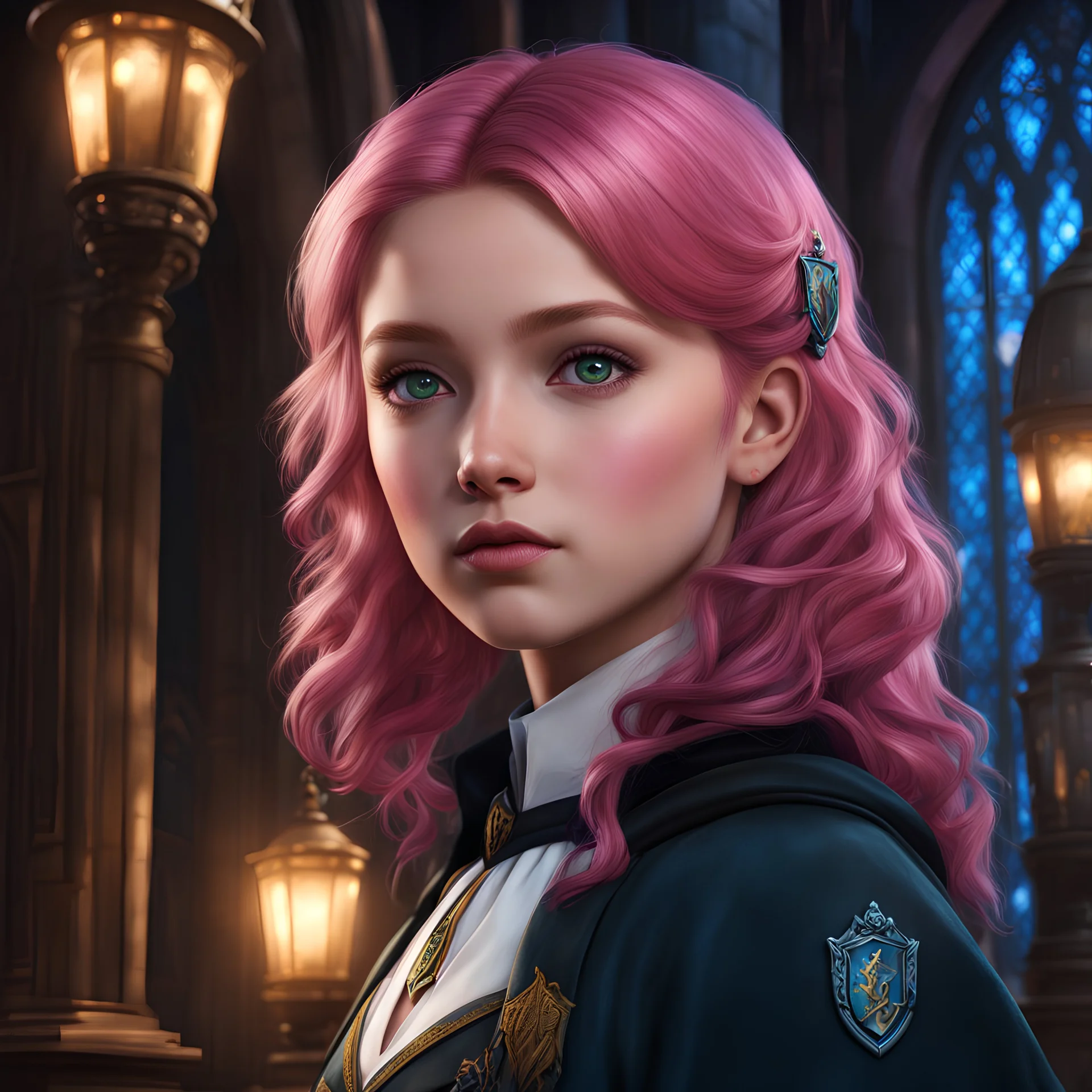 Cute Girl Hogwarts Legacy Medium Pink Haired Ravenclaw, Green Eyes, Black Roots, Great Hall, Romantic, 4K Realistic, Portrait,colorful8k resolution concept art, Ravenclaw Badge, Greg Rutkowski,SIXMOREVODKA, pastel color, Nighttime Lighting, digital illustration, 4K, Hyperdetailed, Intricate Details, 3D shading, Art of Illusion