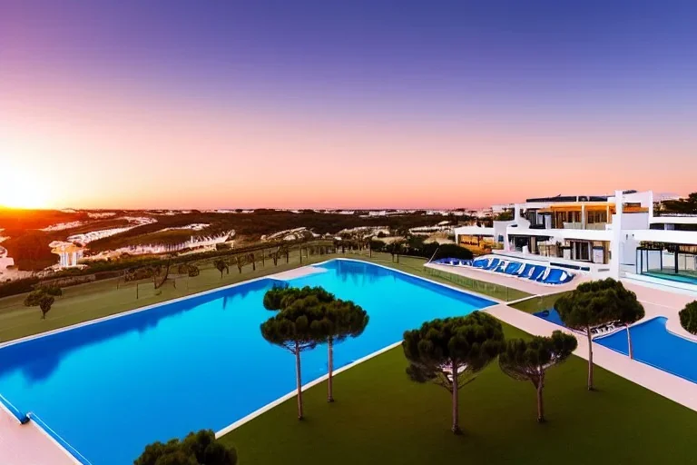 Sunset algarve in quinta do lago, one straight line building of 250 meters long modern luxury architecture with pool on rooftop, with green roofs and sun loungers next to pool, overlooking a tennis sport facility surrounded by pine trees, on a slope with pinus pinea, a wrap around road for low speed cars