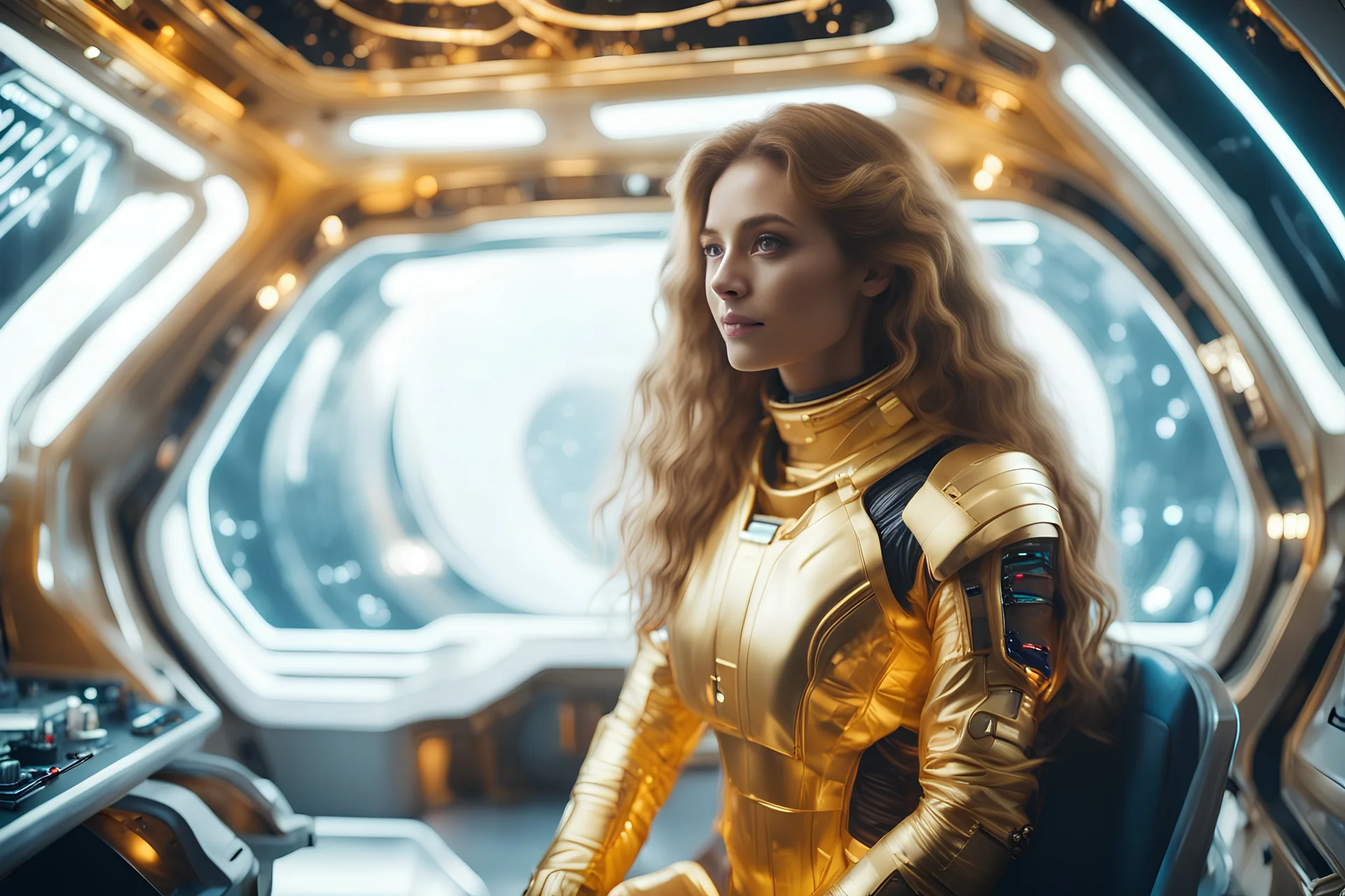 a woman with golden space suit and long hair is inside a spaceship and looks the cosmos through the spaceship big window, spaceship interior is bright with beautiful plants and design furnitures, cinematic effect, 4k