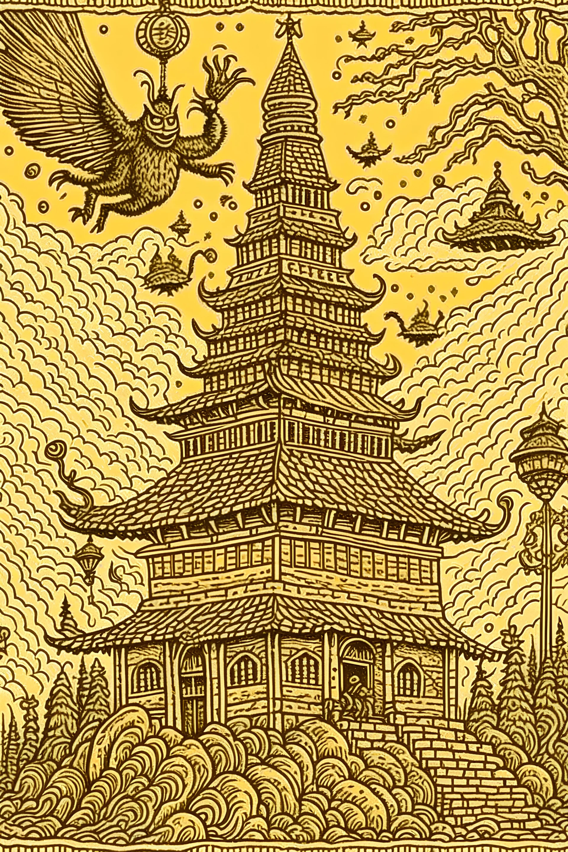 baba yaga flying in stupa, crazy detailed illustration in old school