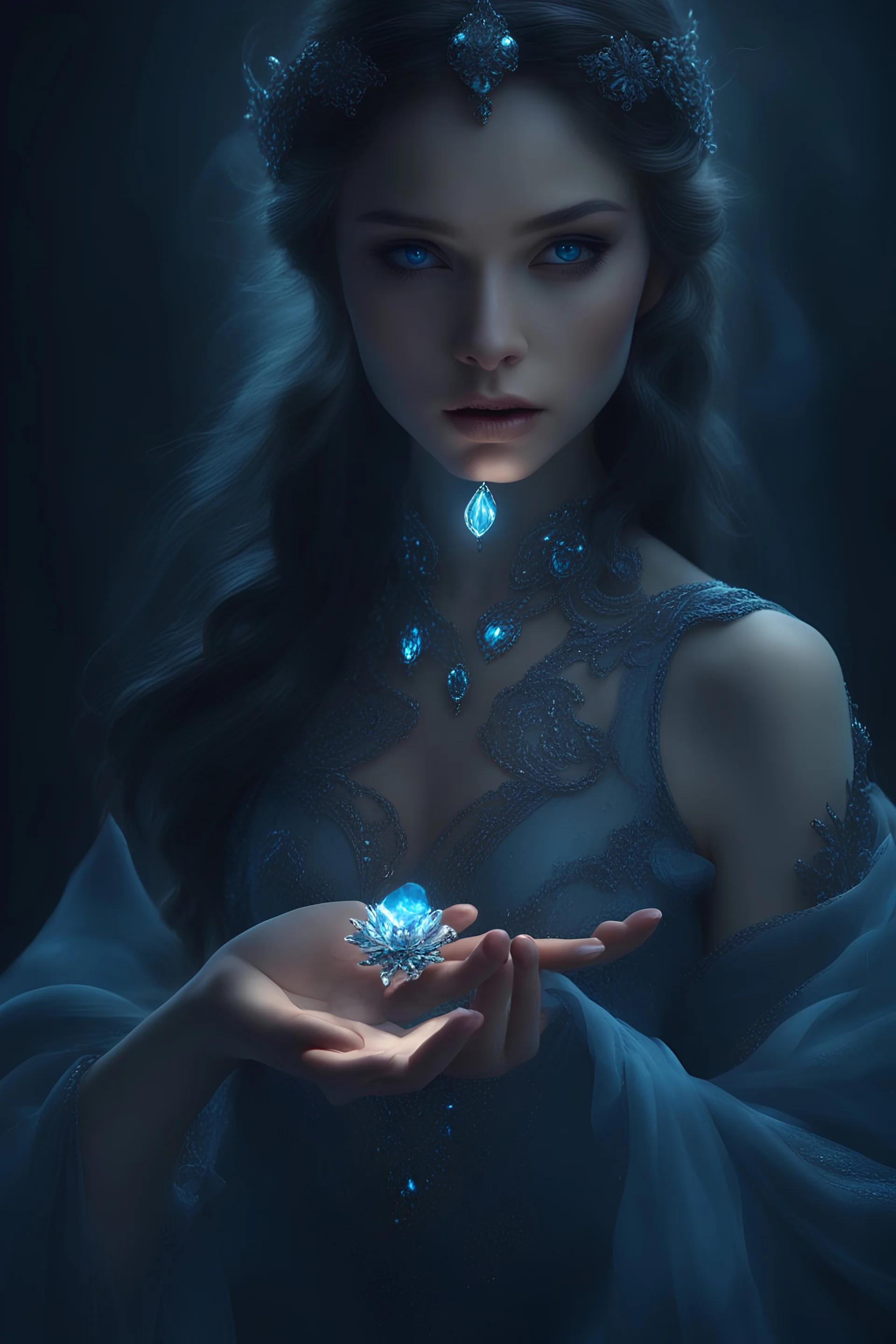 -fantasy style- in a dark place a hand Her skin glowed pale blue lighted like azure holding a glittering jewel depths swirling with color