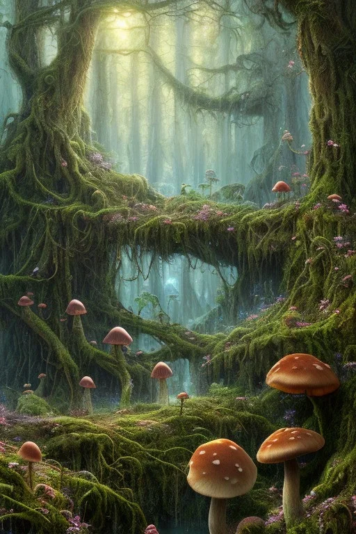 high-quality, fine-detail beautiful, breath-taking forest with gnarled trees, flowers, clear reflective lake, some mushrooms, tranquil, stunning, 8k resolution, intricate, digital art, detailed matte, volumetric lighting, George Grie, Anne Dittman, Anne Stokes, Lisa Parker, Selina French, Alphonse Mucha