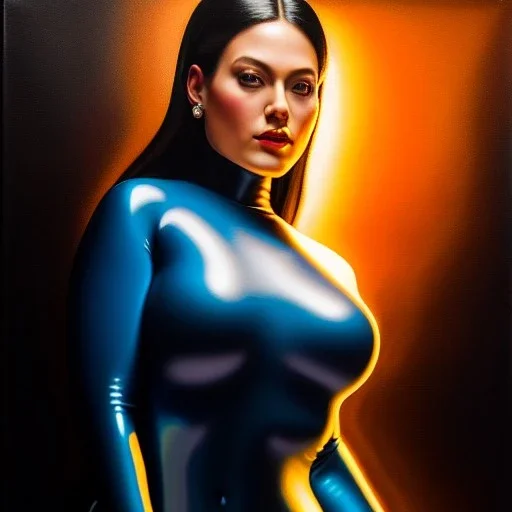 Ultra detailed fullbody Portrait in oil on canvas of beautiful fit mystique,wearing minimal skintight latex suit, extremely detailed digital painting, extremely detailed face,crystal clear Big Glowing eyes, mystical colors ,perfectly centered image, perfect composition, rim light, beautiful lighting, 8k, stunning scene, raytracing, anatomically correct, in the style of robert e howard and Ken Kelley and Ohrai Noriyoshi and Simon Bisley and tomzj1