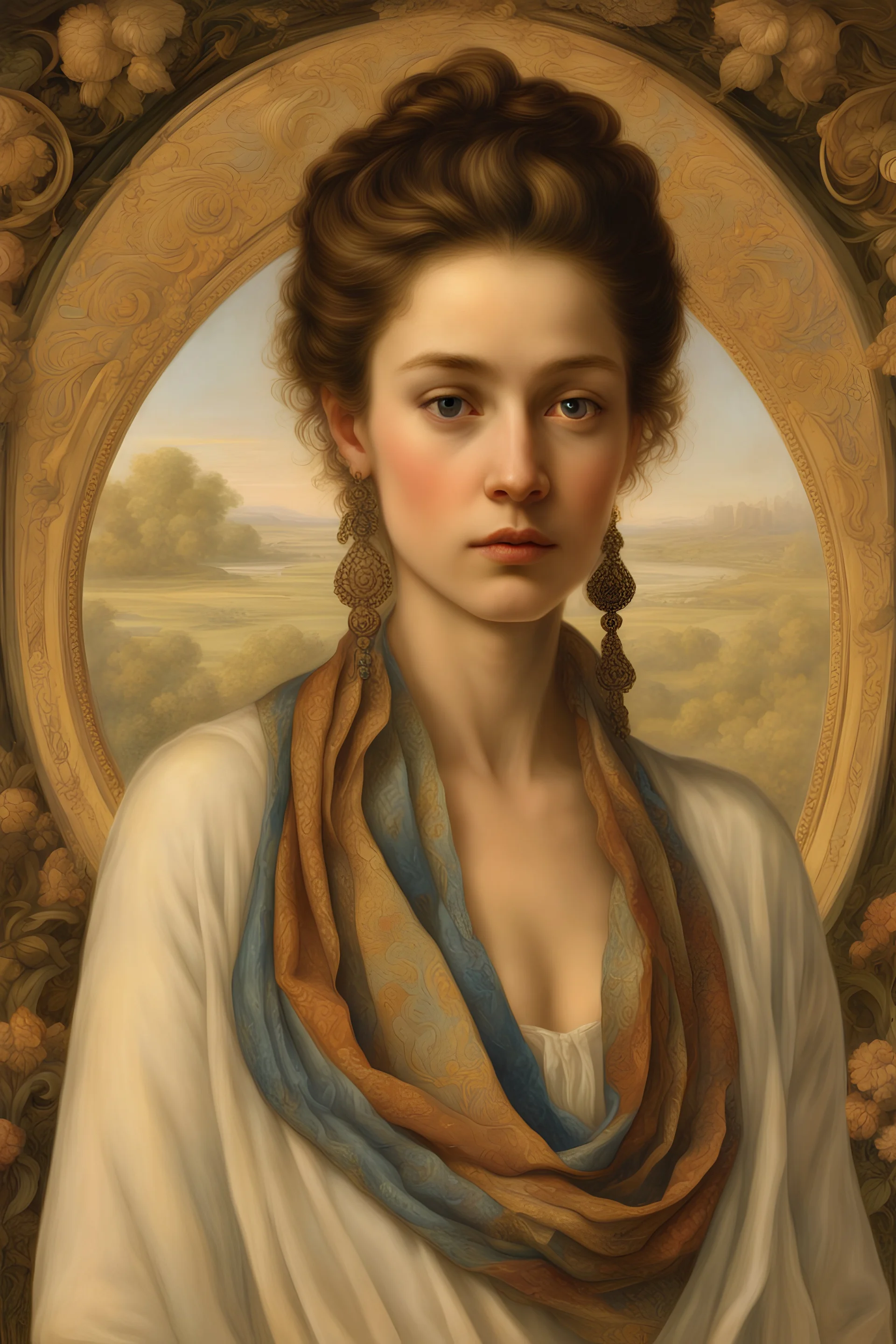 masterpiece hyperdetailed, woman with tinny scarf over hair, looking directly at the viewer, perfect detailed face, perfect detailed eyes circular iris, expressive, natural skin texture, art of dressing, intricately detailed classical dress, detailed symmetric, intricately detailed, ultimate sharp, sharpen more, colorful, captivating by Annie Leibovitz, enchanting reflective, magical, ethereal, glossy, Greg Rutkowski and Alphones Mucha, Jordan Grimmer, WLOP