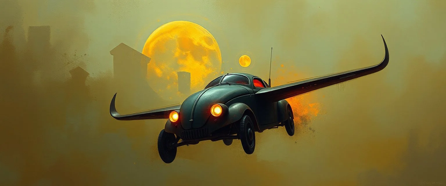 a high definition screen shot of a jet-fighter vw-beetle, retrofuturistic, phototrealism, Macabre Rapture End of days Revelation scene, loose brush stroke matte oil painting, sinner apotheosis,diagonal composition, unbalanced, abstract surreal horror, eerie, scary warm colors, Eldritch, JonKnockTurnal 2999 ufo, bilaterally