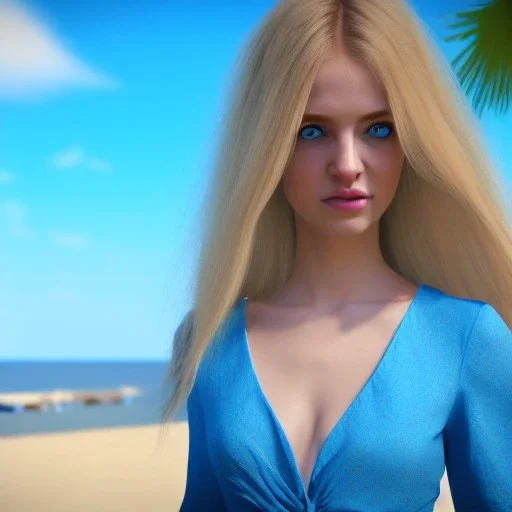 Beautiful face woman blue eyes long blond hair in an hippy blue flower dress on a beach, unreal engine, 4k