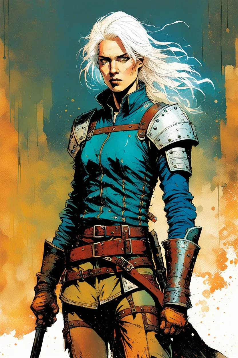 create an imaginative full body print illustration of an ethereal, otherworldly , pale female grandmaster Witcher with short flaxen hair wearing a tattered battle worn leather brigandine and boots , in the comic book art style of Bill Sienkiewicz, Mike Mignola, and Jean Giraud Moebius, with highly detailed feminine facial features , finely drawn, colored and inked,