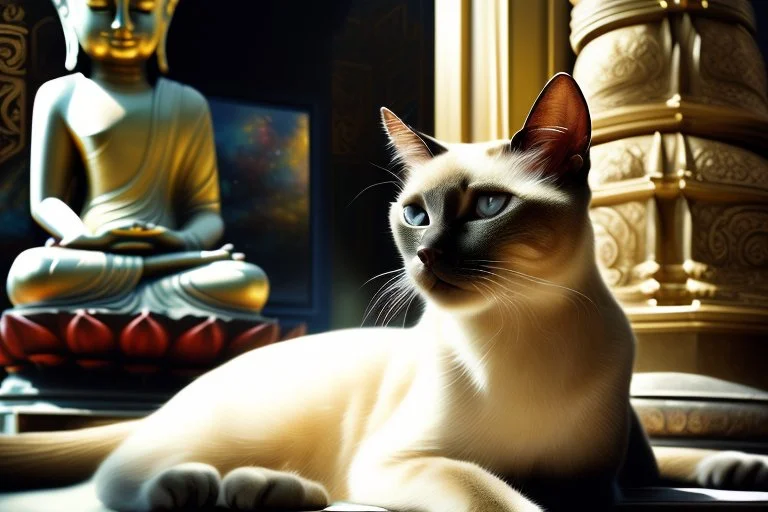 Elegant feline (Siamese cat) laying on Buddha statues lap, observing Thailand, painting impressionism, beautiful, artistic detailed Modifiers: elegant illustration intricate oil on canvas cinematic lighting very attractive beautiful dynamic lighting fantastic view close up hyperrealistic crisp quality hdr cinematic postprocessing Thomas Kinkade Caspar David Friedrich focused Craig Rutkowski