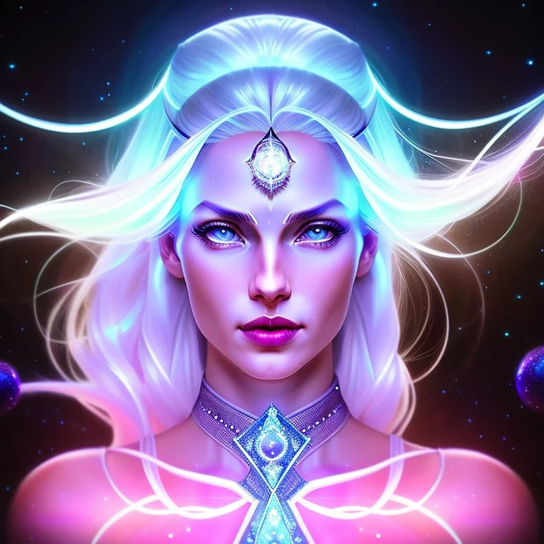 Lexica Aperture v2 style ! dream symmetry!! (((happy, joyful, smiling portrait)))+++, white hair, blue eyes, Brigitte Bardot, diamond third eye, spiritual gradient, gaia, chakra, universe, sci - fi, glowing lights!! intricate, space station, elegant, highly detailed, digital painting, artstation, concept art, smooth, sharp focus, illustration, art by artgerm and greg rutkowski and alphonse mucha