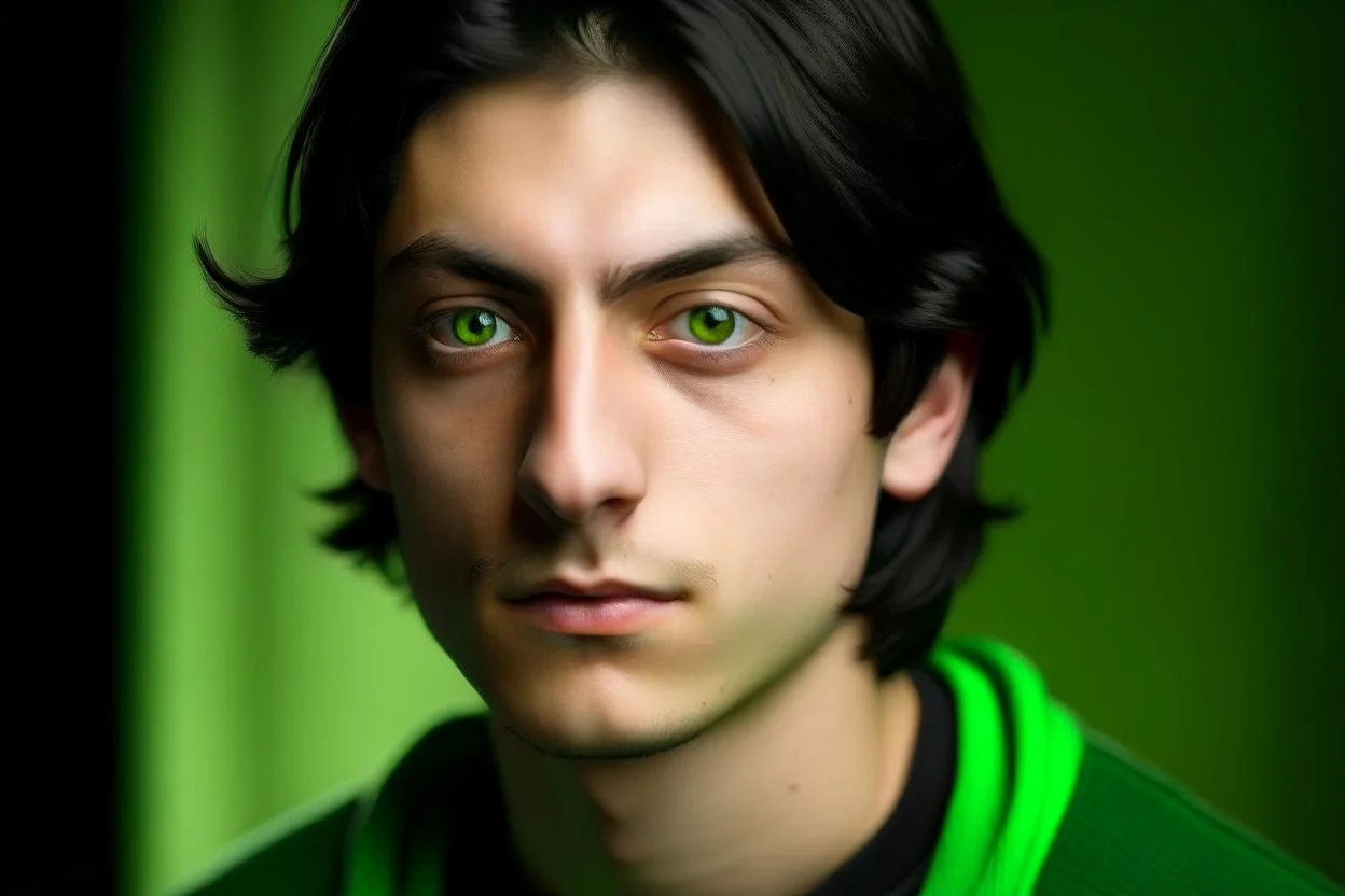 A young adult male with shoulder length black hair and bright green eyes.