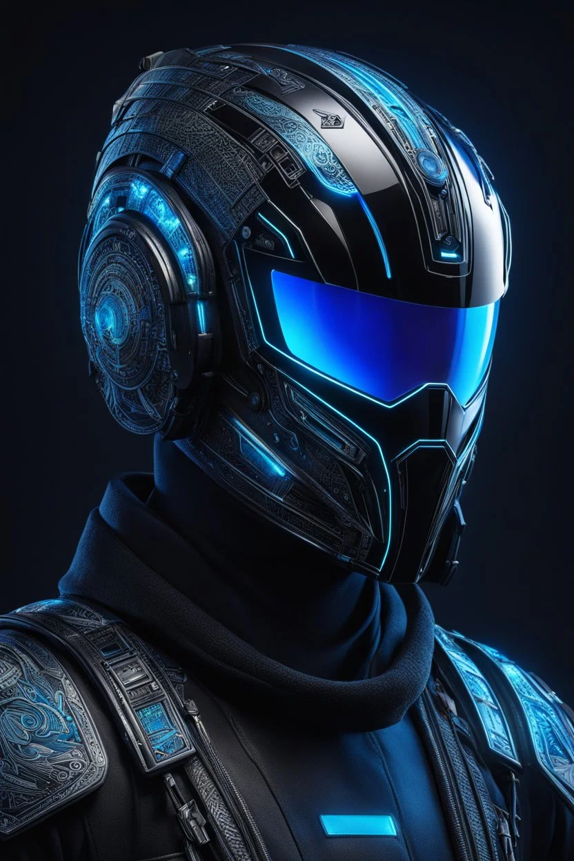 Someone wears a black glass Cyberpunk helmet , full helmet cover , Changshan, black and blue color, cyberpunk drawing style, neon, full body, intricate details, highly detailed, high details, detailed portrait, masterpiece,ultra detailed, ultra quality