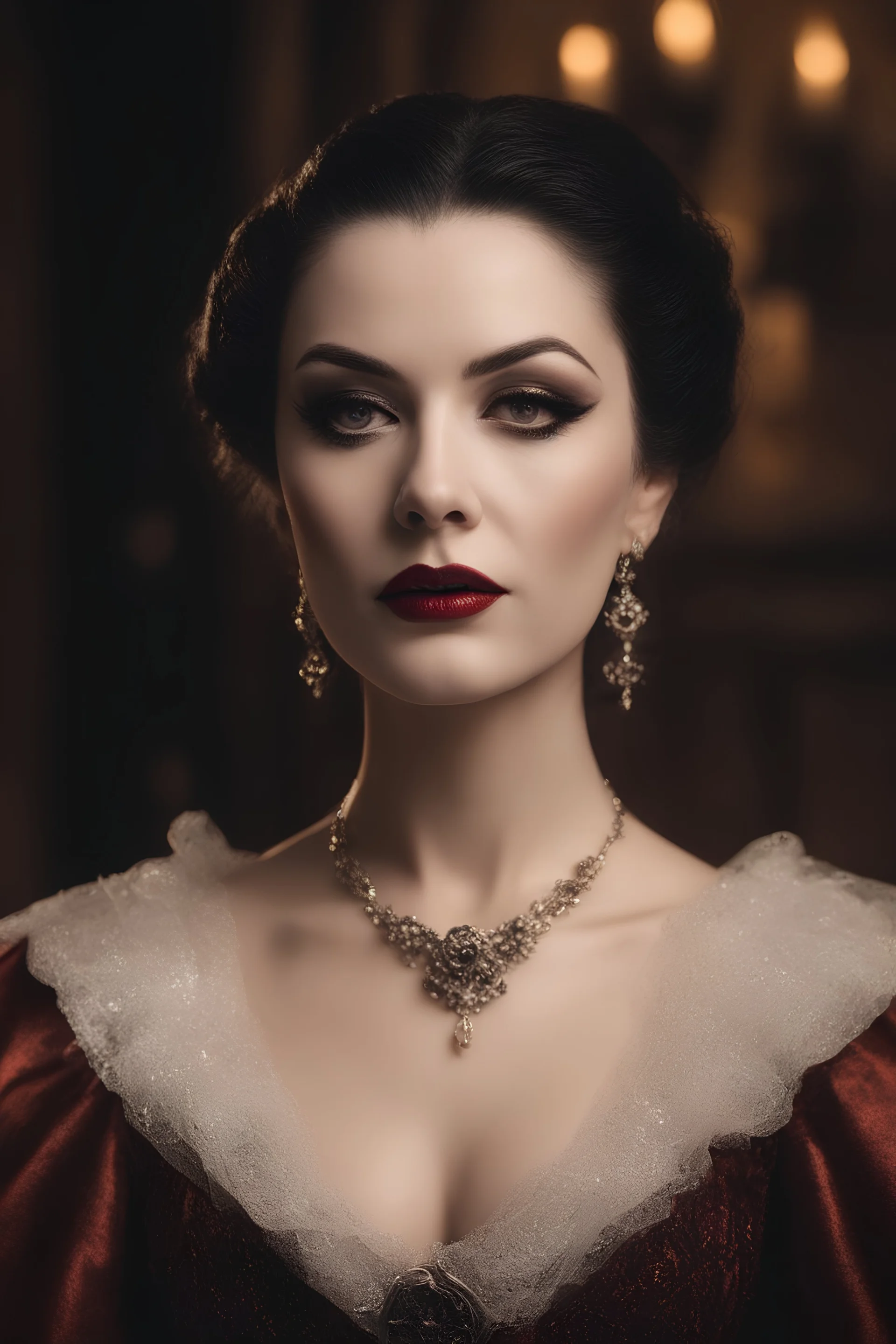 Annabella Lugosi as Dracula - Cinematic film still, (warm colors), intricate details, deep depth of field, cinematic lighting, reflections, photographed on a Canon EOS R5, 50mm lens, F/2.8, HDR, 32k resolution, , (RAW, analog, masterpiece, best quality, soft particles, 32k, flawless perfect face, intricate details, trending on artstation, trending on cgsociety, dlsr, ultra sharp, hdr, rtx, antialiasing, canon 5d foto)), ((skin details, high detailed skin texture)), (((perfect face))),