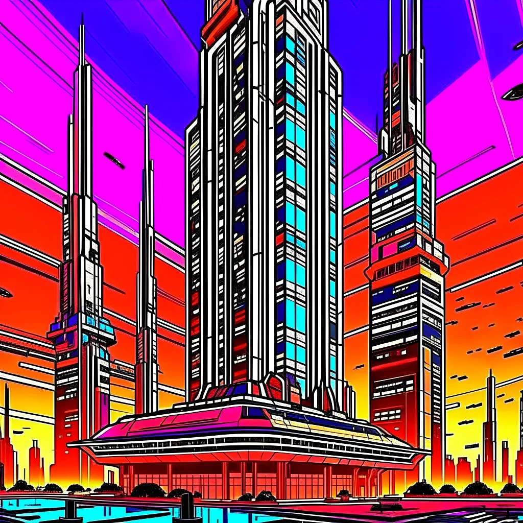 cyberpunk retro futuristic for comics skyscraper from far away in orange