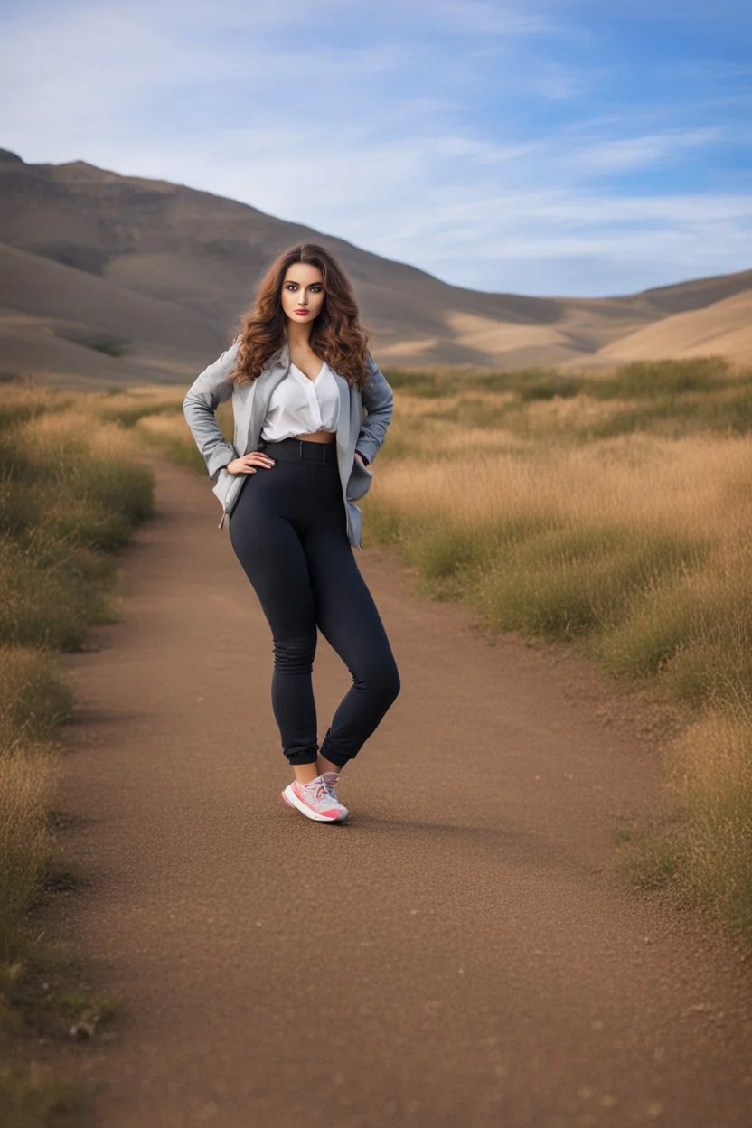 full body of very beautiful girl with pants and blouse and jacket , curvy hair ,standing idle pose in studio pretty makeup,perfect face,sport shoes