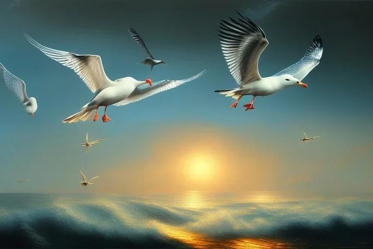 seagulls flying over the sea in the evening, oil painting deviant art wallpaper