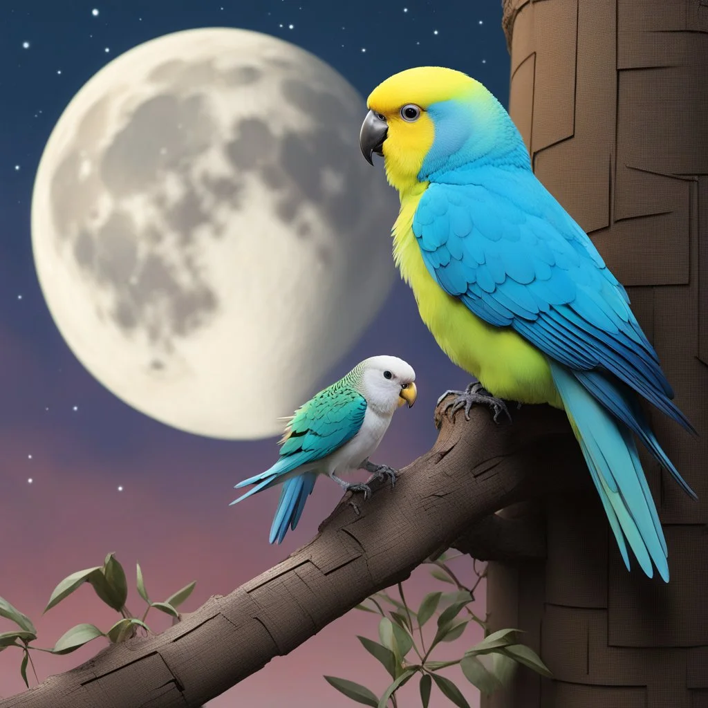 A narrative of an automaton in a world of geometric, technological, and rational forms. The artificial intelligence encounters an interruption in his rational model as he spies an organic budgie. The budgie, in turn, has adapted its coloring to camouflage itself in the inorganic environment. The moon looms large but faint in the distance.