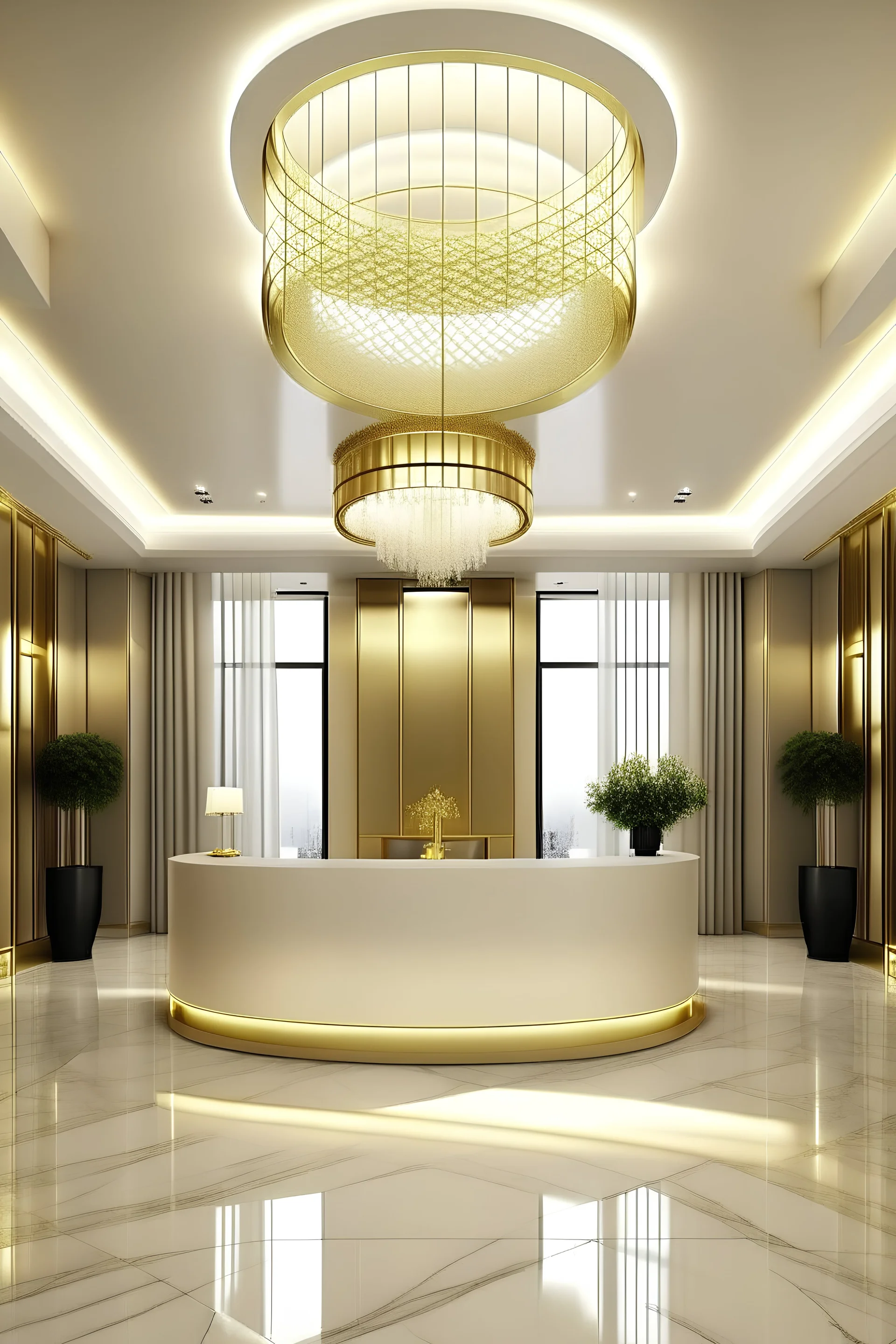 grand luxurious tower reception lobby with little white and gold modern interior theme