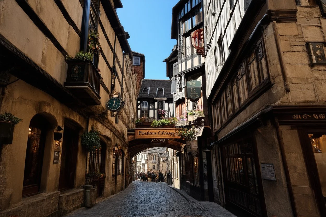 Old English Tudor Alley with shops, signs, bridges, and balconies, sunny day, warped and grubby