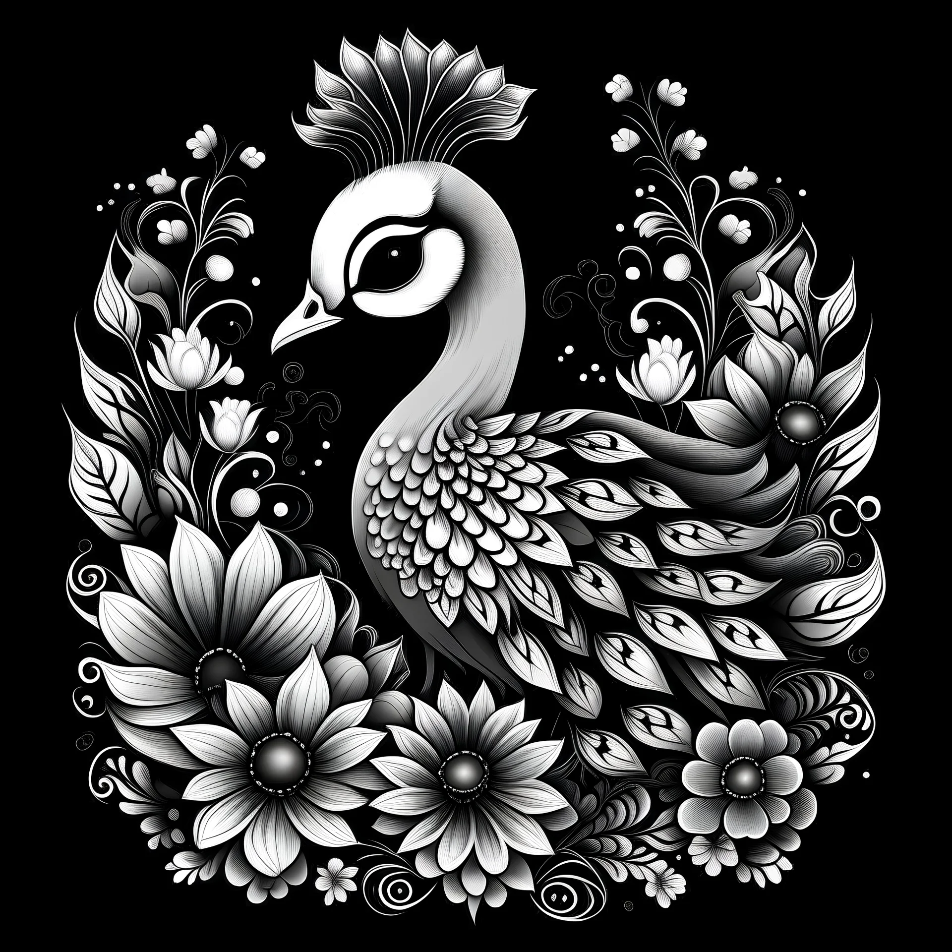 black and white cute peacock between seeds and big flowers black background. for a coloring. with grayscale