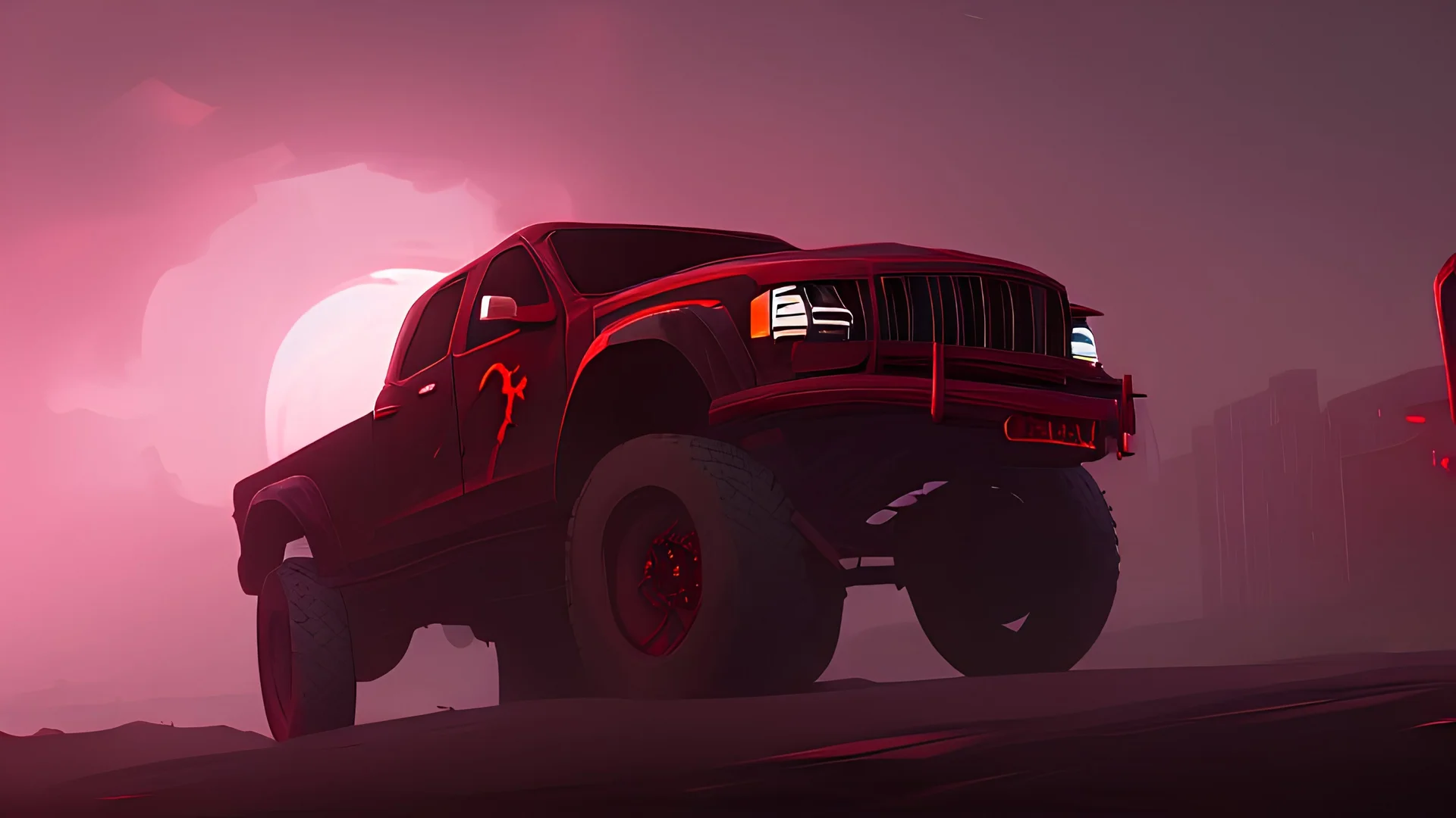 red truck, zombie apocalypse, futuristic, night, landscape, running