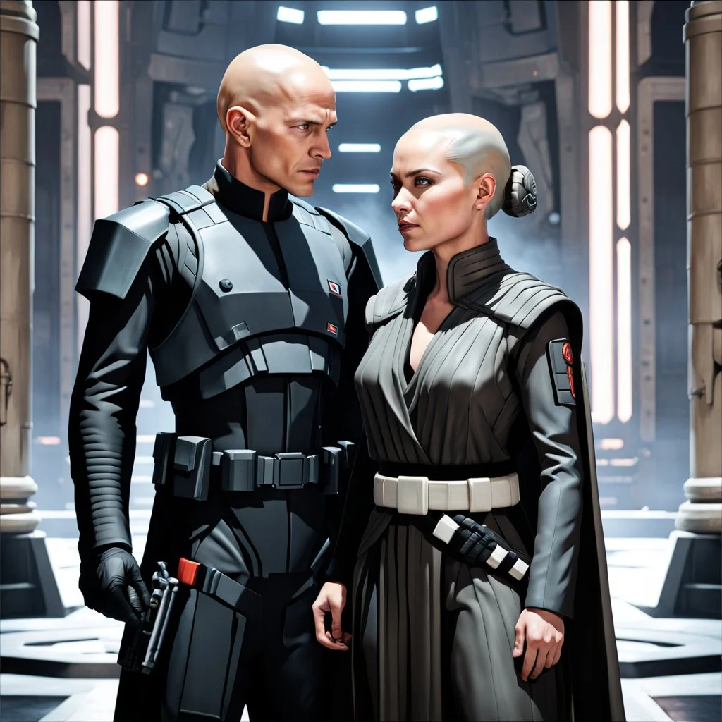 a bold and heroic bald male Corellian pilot in black and grey First Order special forces gear meets a female Jedi Master in ancient, mystical temple, hyperdetailed, dynamic lighting, hyperdetailed background, 8k resolution, volumetric lighting, light skin, fully symmetric details