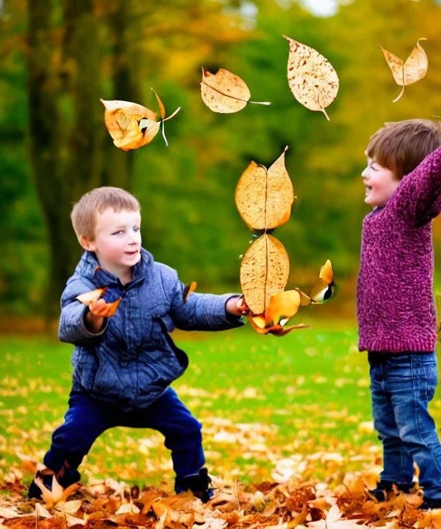 boy and girl catching leaves