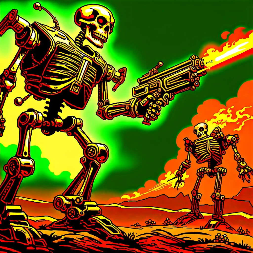 90's TCG art retro fantasy art of skeleton robot firing machine gun