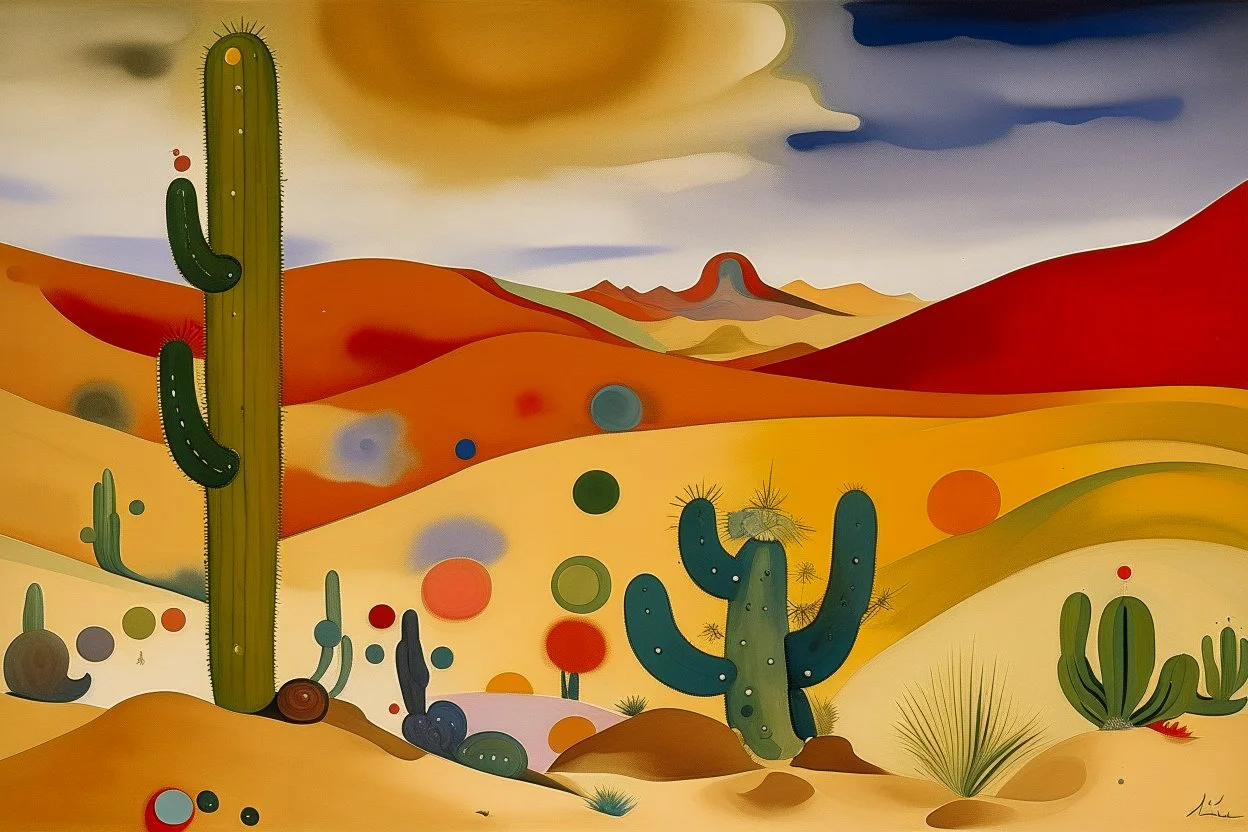 A tan sandy desert with cactuses painted by Wassily Kandinsky