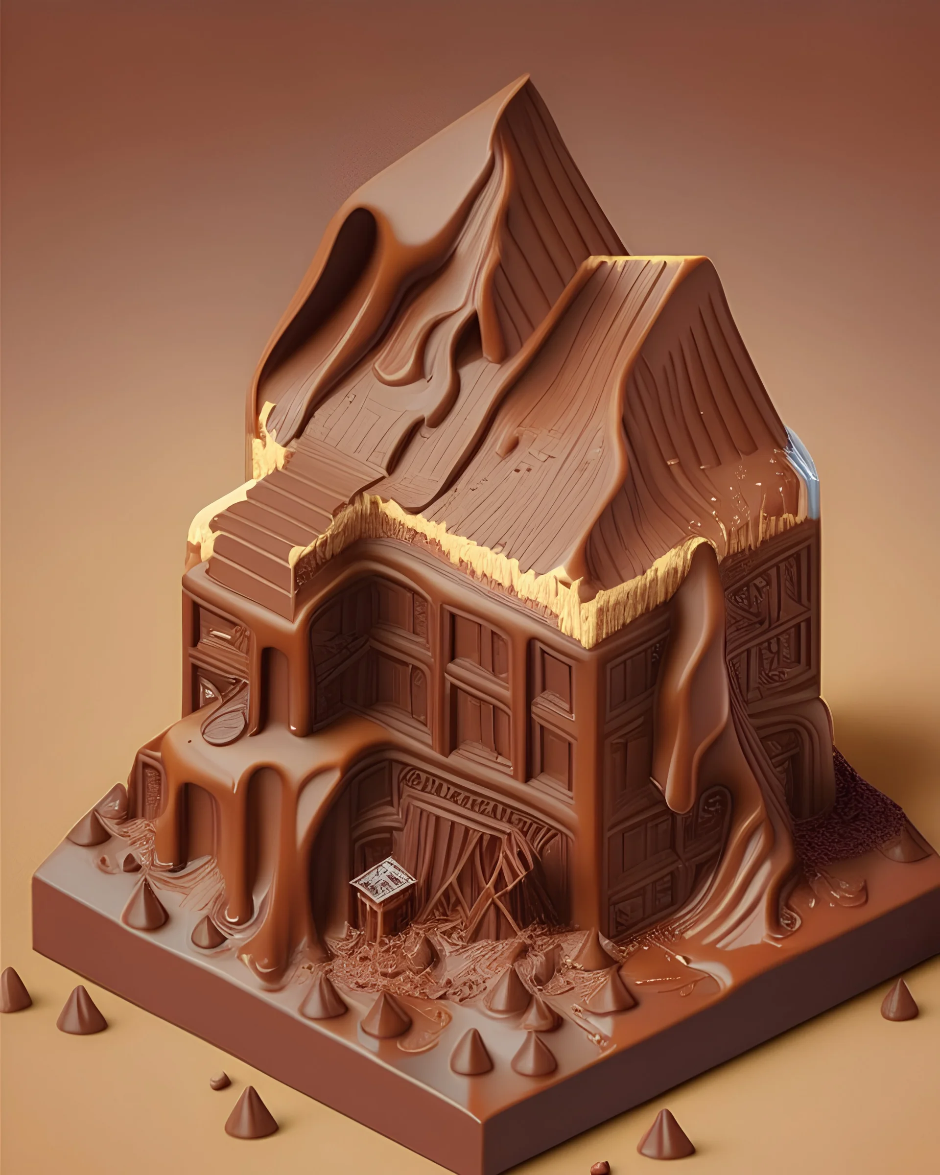 An isometric building made out of chocolate, melting