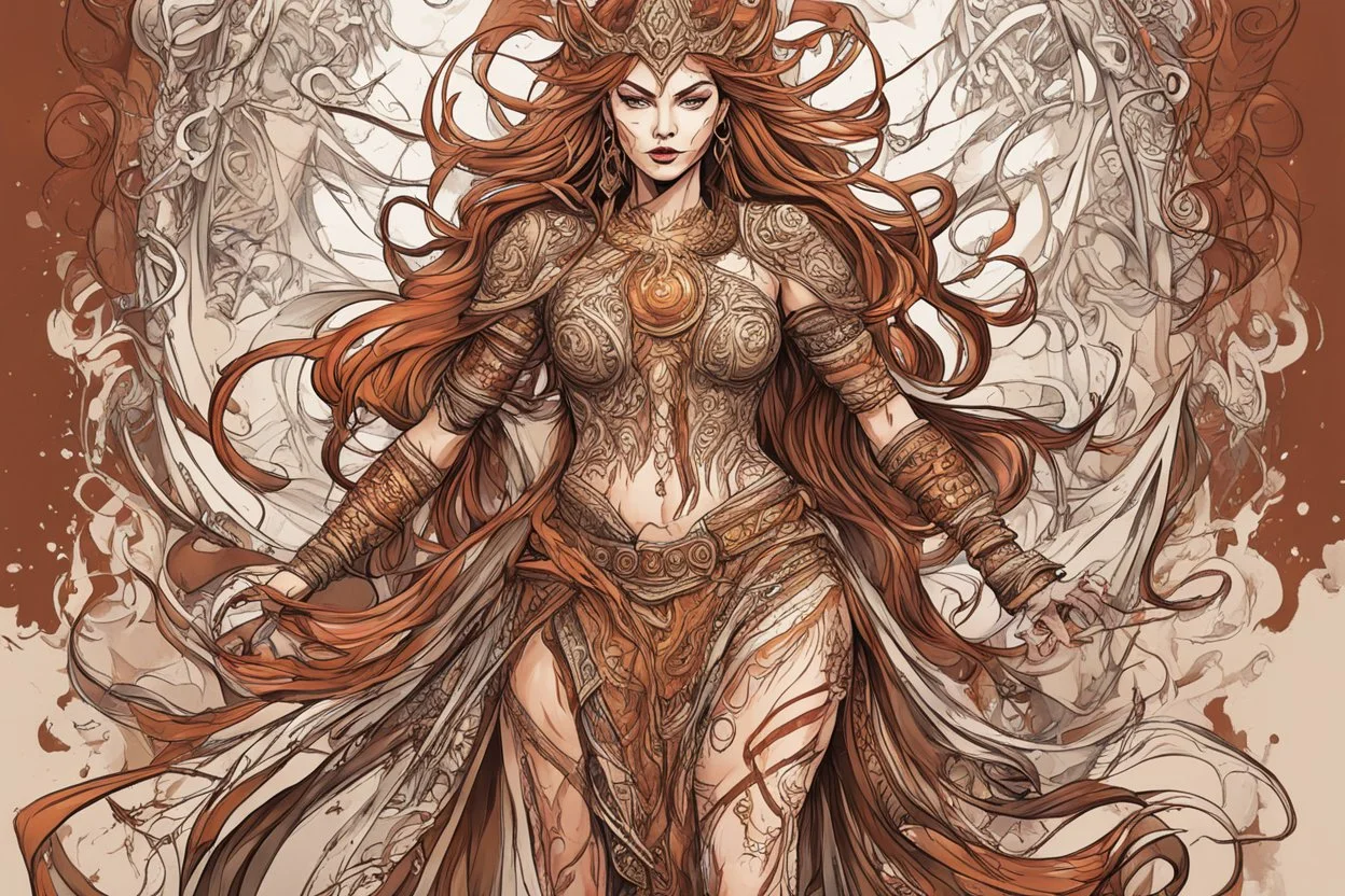 create an abstract expressionist full body illustration of a deeply spiritual,Viking female sorceress with highly detailed and deeply cut facial features, searing lines and forceful strokes, precisely drawn, boldly inked, with rich striking earth tone colors