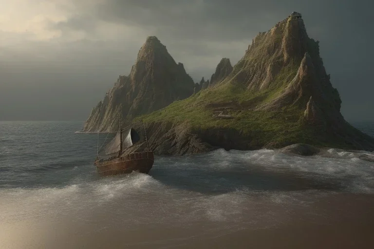 Small shipwreck at a pebbled cliffside, fantasy, mystical, lightshafts, storm in the distance