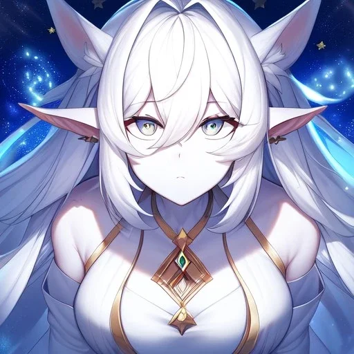 cosmic mage, elf, female, battle mage, epic, cosmic magic, long ears, white hair, face details, pale skin, jewellery, broad shoulders, sharp ears, cosmic clothes, cosmic eyes, ears shown, light out of eyes, the cosmos in eyes, stars in eyes, shining eyes, non human face, thin face, animation, detailed ears, magical eyes, non realistic, closed mouth, bigger make up, smiling face