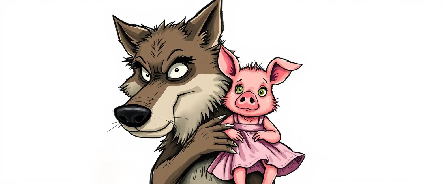 wolf carrying a lovely scared wtf are you up to, pig girl with dress under his arms , stupid cartoon, airbrush and pen outline