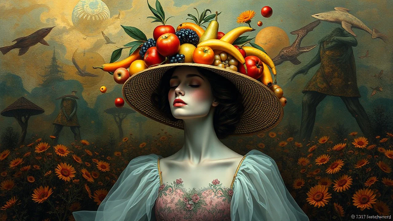 there is a woman in a dress and a hat with fruit on her head, inspired by Arik Brauer, surrealistic digital artwork, inspired by andrey ryabovichev, abstract surrealism, beautiful digital artwork, inspired by Ignacy Witkiewicz, inspired by Darek Zabrocki, stunning digital art, surreal digital art, gorgeous digital art