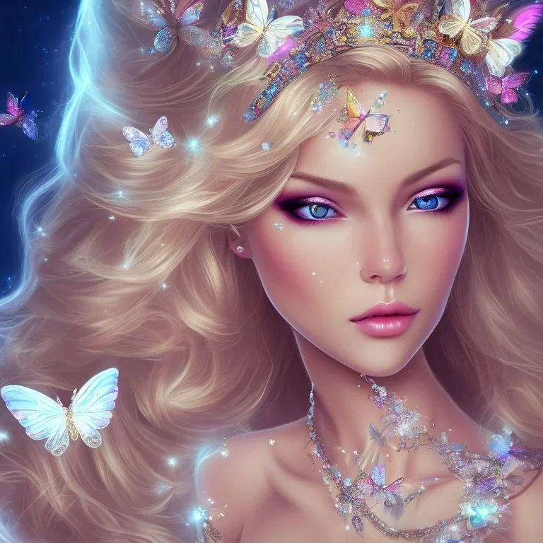 Lying down beautiful face princess blond fairy smiling with sparkle jewel bikini and butterflies in hair magic