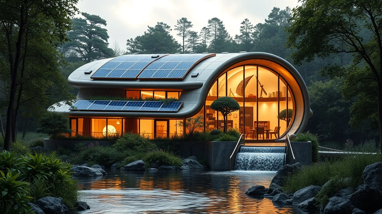 2031. Innovative environmentally-friendly home, solar panels, water wheel in river, alternative energy, wind turbine, scientific experiment, home of the future, amazing curved architecture, fantasy, robotic, magic, automated, spectacular, futuristic, practical, beautiful lighting, attractive composition, photorealistic, extremely detailed, chiaroscuro