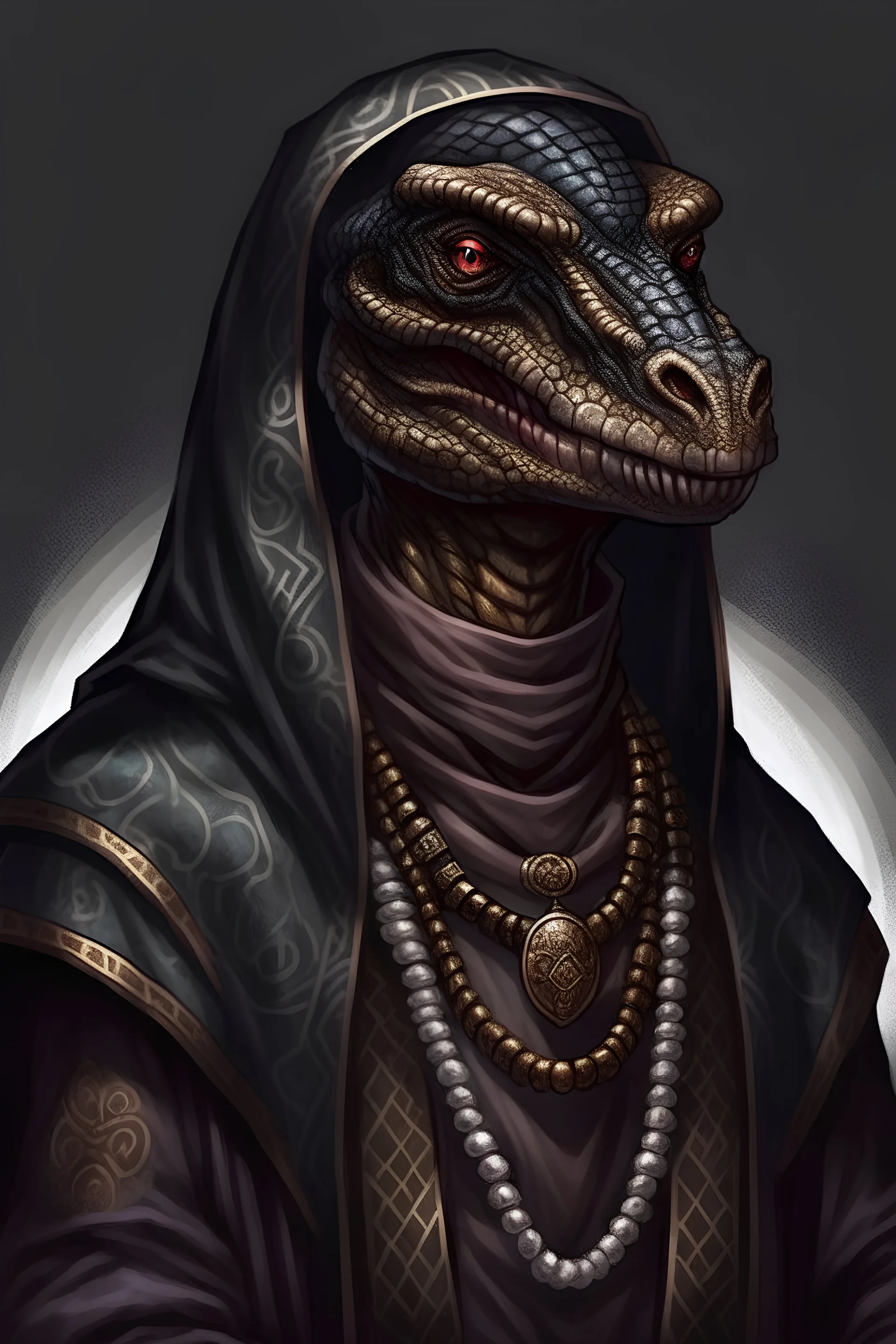 Portrait of a only Black scaled lizardfolk earth kineticist in Pathfinder RPG dressed in Dark robes