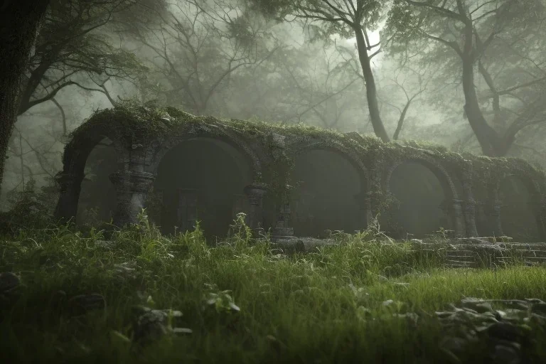 Ancient crypt in a lush green forest, fantasy, day time, light, mystical