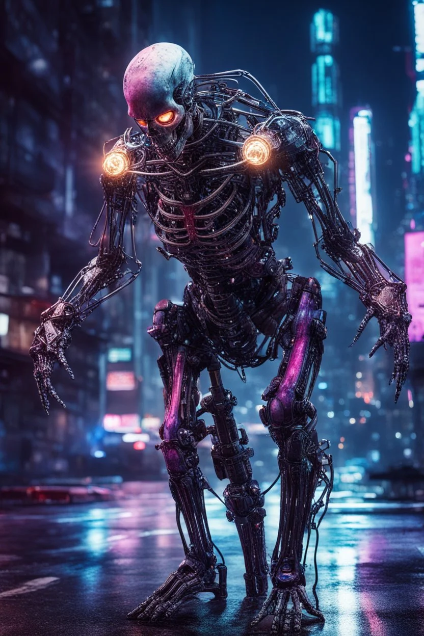 Extreme grandiose and cinematic photo in realistic colors ((cyber skeleton)) dynamic pose and expression, in the city ally of neon tales, watercolour, emotion, industrial, futuristic, night, (sparks around) high lighting, intricate, 8k, macro photography,