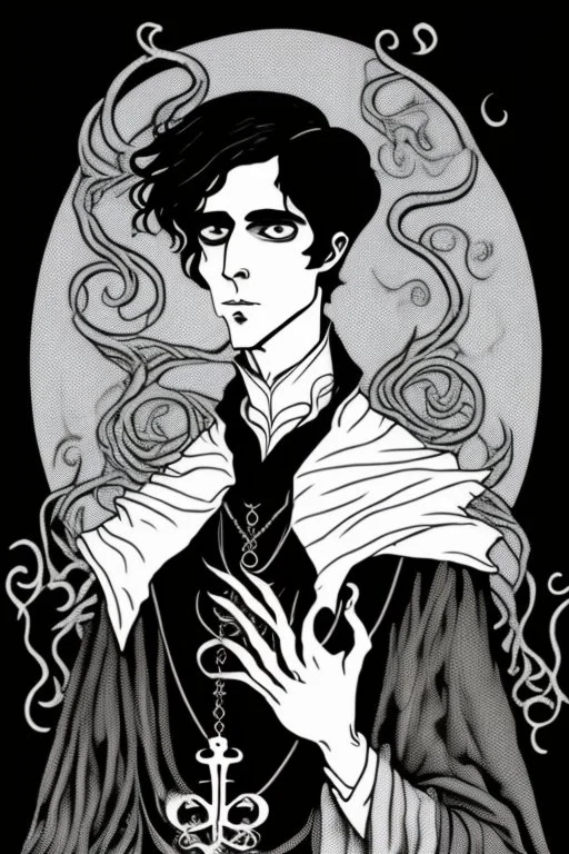 black haired young man necromancer wizard with gothic jewelry and tentacle fingers in the style of Aubrey Beardsley