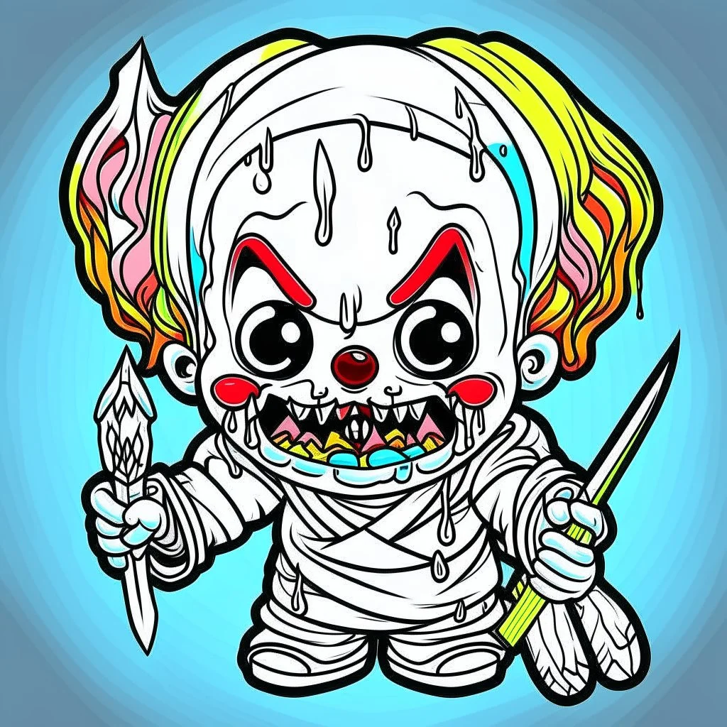 create a 2d black outline, " kawaii psycho clown with knife coloring book for kids", coloring page, low details design, black contour, coloring page design, colorful , card style, coloring page for kids, halloween backgorund,sketch style,