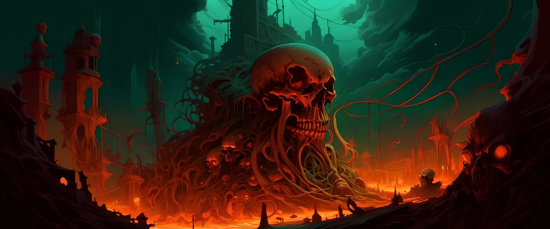 sinister skull-headed masses of tendrils with viscera and remnants of civilization. The color temperature is warm, with hints of neon lights illuminating the surroundings.