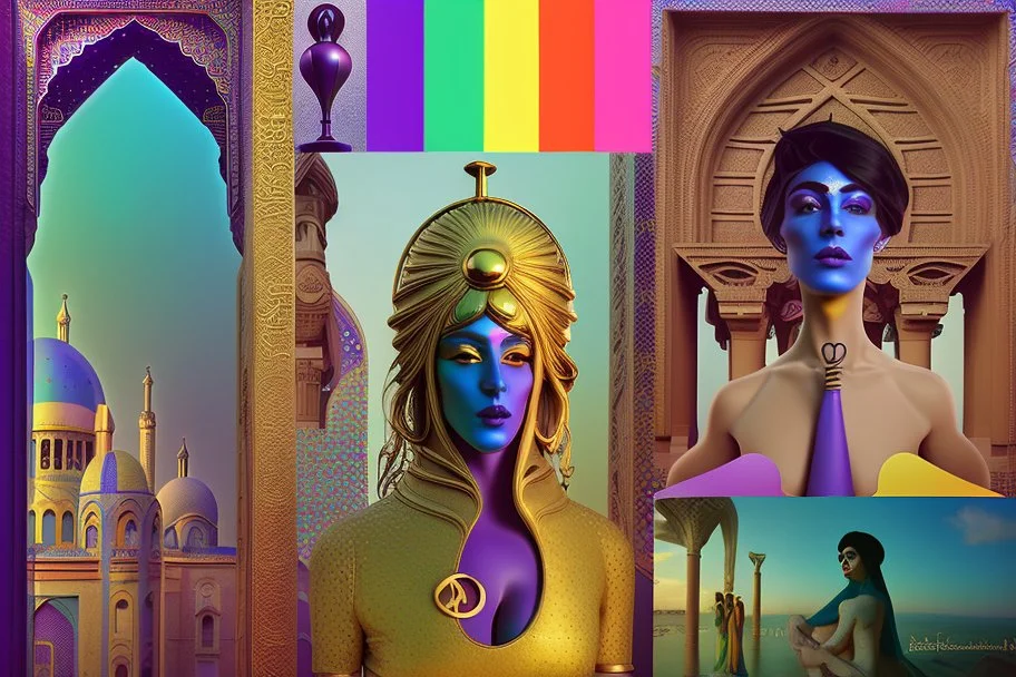 Design a mood board titled "The Future of LGBTQ+ Community in French and Iranian Cultures through a Surreal Lens." Combine elements from both cultures (Parisian architecture, Persian art, Qajar era symbols) with LGBTQ+ themes of identity and freedom. Use surrealist styles like floating objects and dreamlike visuals. The color palette should mix rich Persian hues (red, blue, gold) with vibrant modern shades (pink, purple, neon). The mood should be bold, visionary, and thought-provoking, merging p